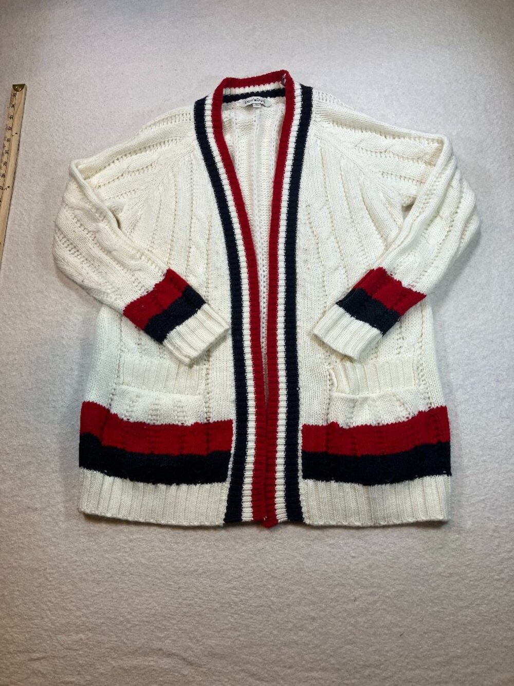 Davi &‎ Dani Cardigan White with Red/Blue Stipe Edges Womens Size M